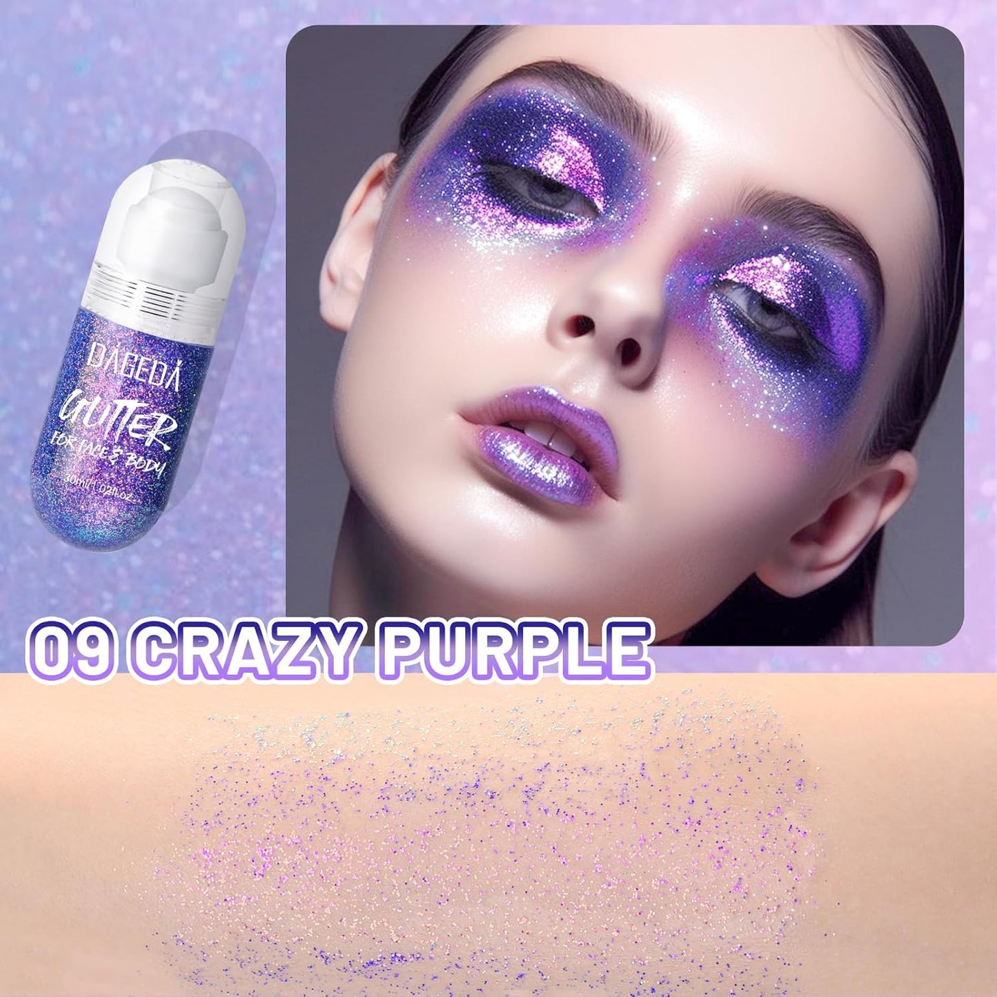DAGEDA Body Glitter Gel, Roll-on Face Glitter for Mermaid Makeup Festival Rave Accessories, Holographic Hair Glitter Gel,Body Shimmer Halloween Makeup for Rave Party(Crazy Purple)