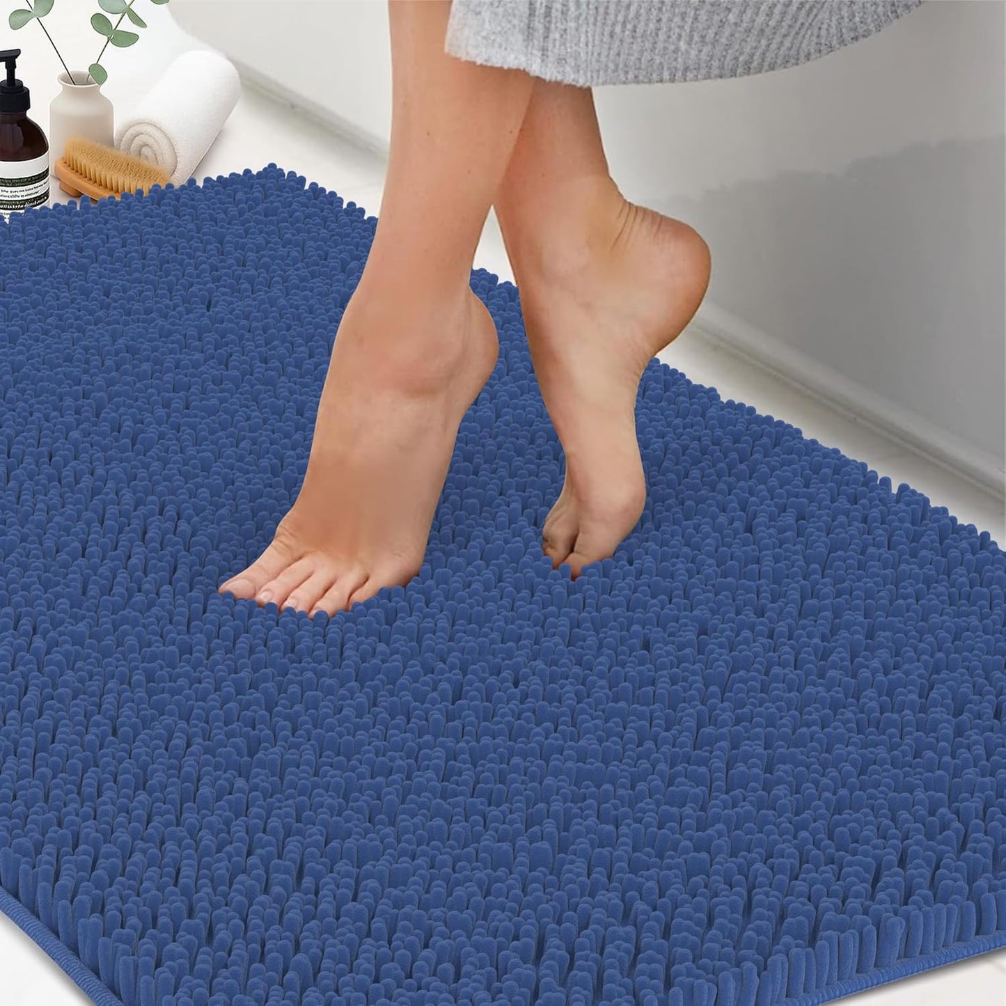 ITSOFT Plush Bathroom Rug 47x21, Absorbent Machine Washable Non Slip Chenille Bath Mats, Quick Dry Bathmat, Bath Rugs for Bath, Shower, Bedroom, or Door Mat, Dark Blue