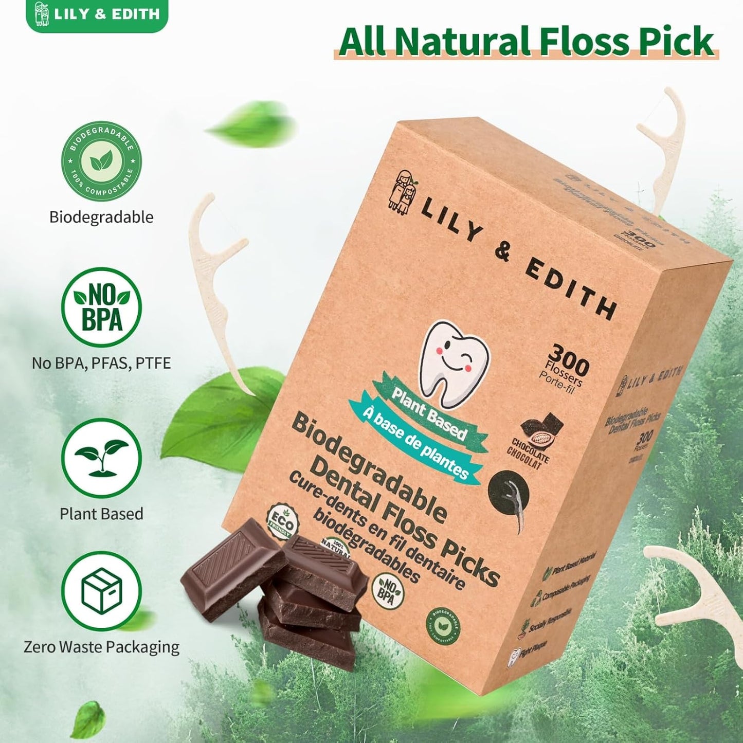 LILY & EDITH Plant Based Dental Floss Picks Adults and Kids 300 Counts, Fluoride-Free, Plant Based Straw Wheat, Earth Friend, Zero Waste Package, Shred Resistant (Unflavored)