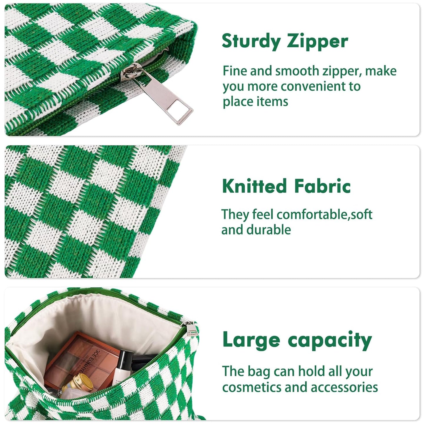 ZLFSRQ 2Pcs Checkered Makeup Bag for Women Large Small Checkered Cosmetic Bag Set Aesthetic Preppy Pencil Case Cute Pencil Pouch Green Makeup Pouch for Purse Travel Toiletry Bags Zipper Skincare Bags