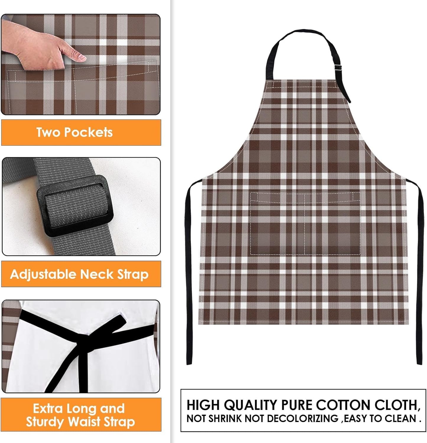 2 Pack Aprons, Plaid Check Grid Adjustable Bib Aprons with 2 Pockets for Women Men Couple Lovers Chef Home Kitchen Cooking Baking Gardening Dark Brown Green Apron 32x28 Inches