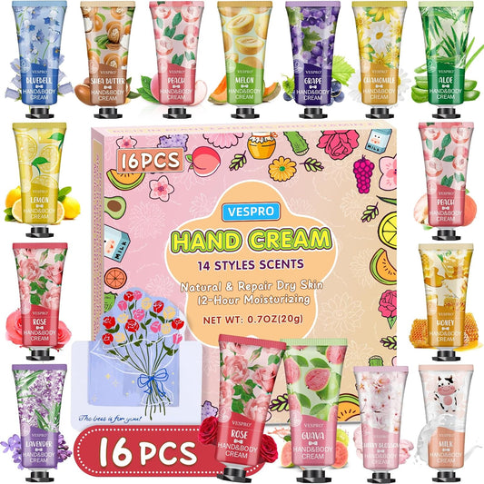 16 Pack Hand Cream Set, Stocking Stuffers for Women, Bridesmaid Gifts, Bulk Hand Lotion Travel Size for Dry Cracked Hands, Mini Hand Lotion for Thank You Gifts and Christmas Gifts with a Greeting Card