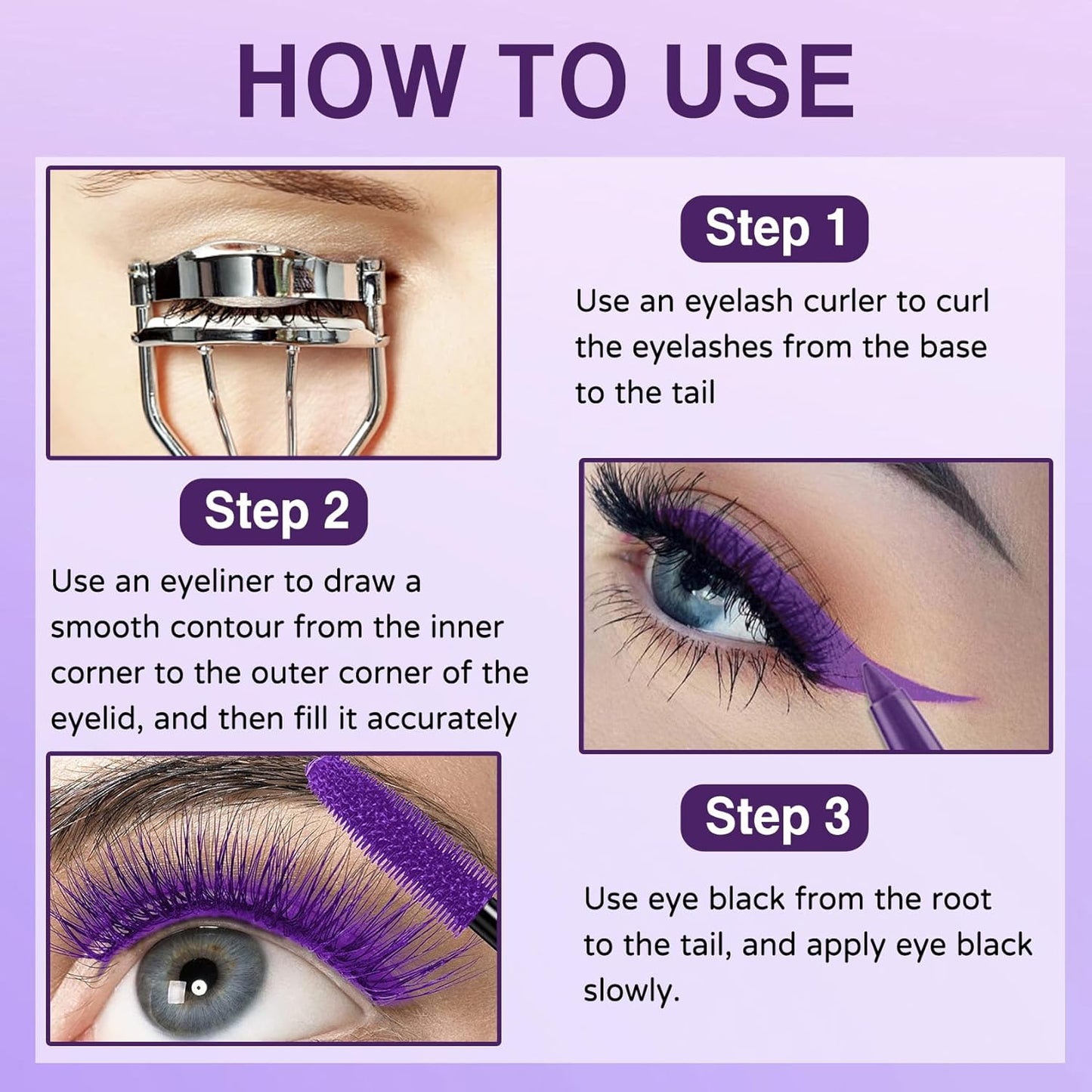 Purple Mascara and Eyeliner Set, 5D Colored Volume and Length Waterproof, Purple Mascara for Eyelashes, Natural Lengthening Curling, Suitable for All Skin Types