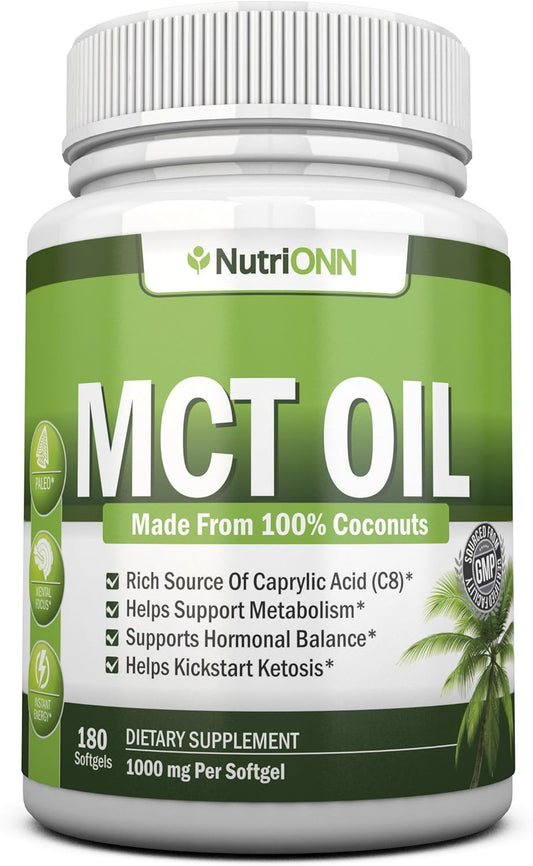 MCT Oil - 3000mg Per Serving - 180 Softgels - Made from 100% Organic Coconuts - Non GMO, Cold Pressed, Paleo Friendly Capsules - Great for Focus & Gut Health