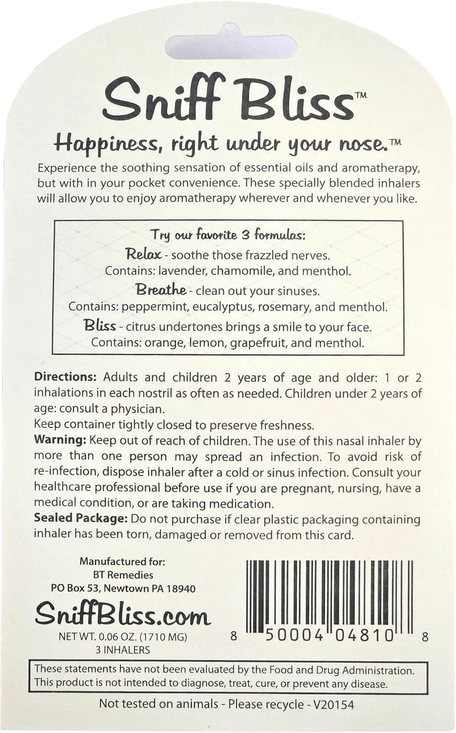 Nasal Aromatherapy Inhaler Variety Pack | Relax, Breathe & Bliss | Convenient USA-Made Nasal Sticks with Essential Oils & Menthol | 3 Pack (1710 mg)
