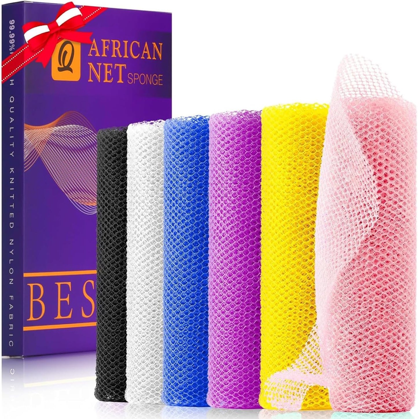 UJFQBH 6 Pieces African Bath Sponge African Net Long Net Bath Sponge Exfoliating Shower Body Scrubber Back Scrubber Skin Smoother,Great for Daily Use (Pink, Yellow, Purple, Blue, Black, Off-White)