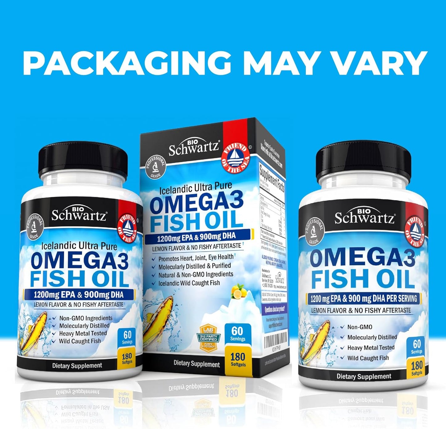 Triple Strength Omega 3 Fish Oil Supplement - 2250mg EPA DHA Omega 3 Fatty Acids from Fresh Wild Caught Fish, Burpless Lemon Flavor Formula Supports Eye Health and More, Gluten Free, 180 Softgels