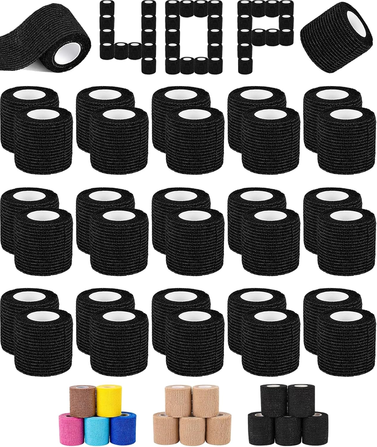 AZEN 40 Pack Self Adhesive Bandage Wrap Black, 2" X 5 Yards Black Athletic Tape, Vet Wrap, Tattoo Grip Tape Wrap，Ankle Tape, Cohesive Bandage Wrap