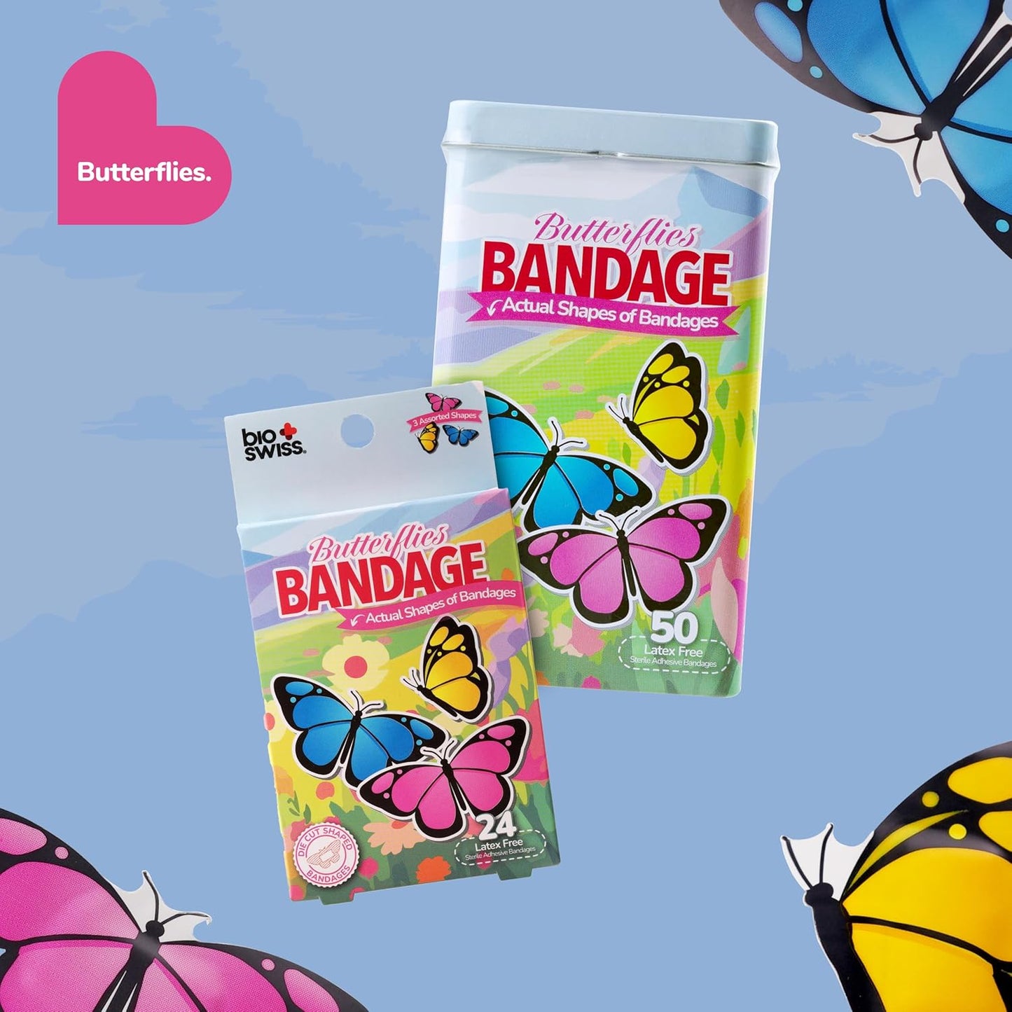 BioSwiss Kids Bandages, Butterfly Shaped Self Adhesive Bandage Set, Latex Free, Sterile Wound Care, 50 Count