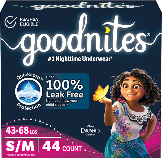 Goodnites Girls' Nighttime Bedwetting Underwear, Size S/M (43-68 lbs), 44 Ct (2 Packs of 22), Packaging May Vary