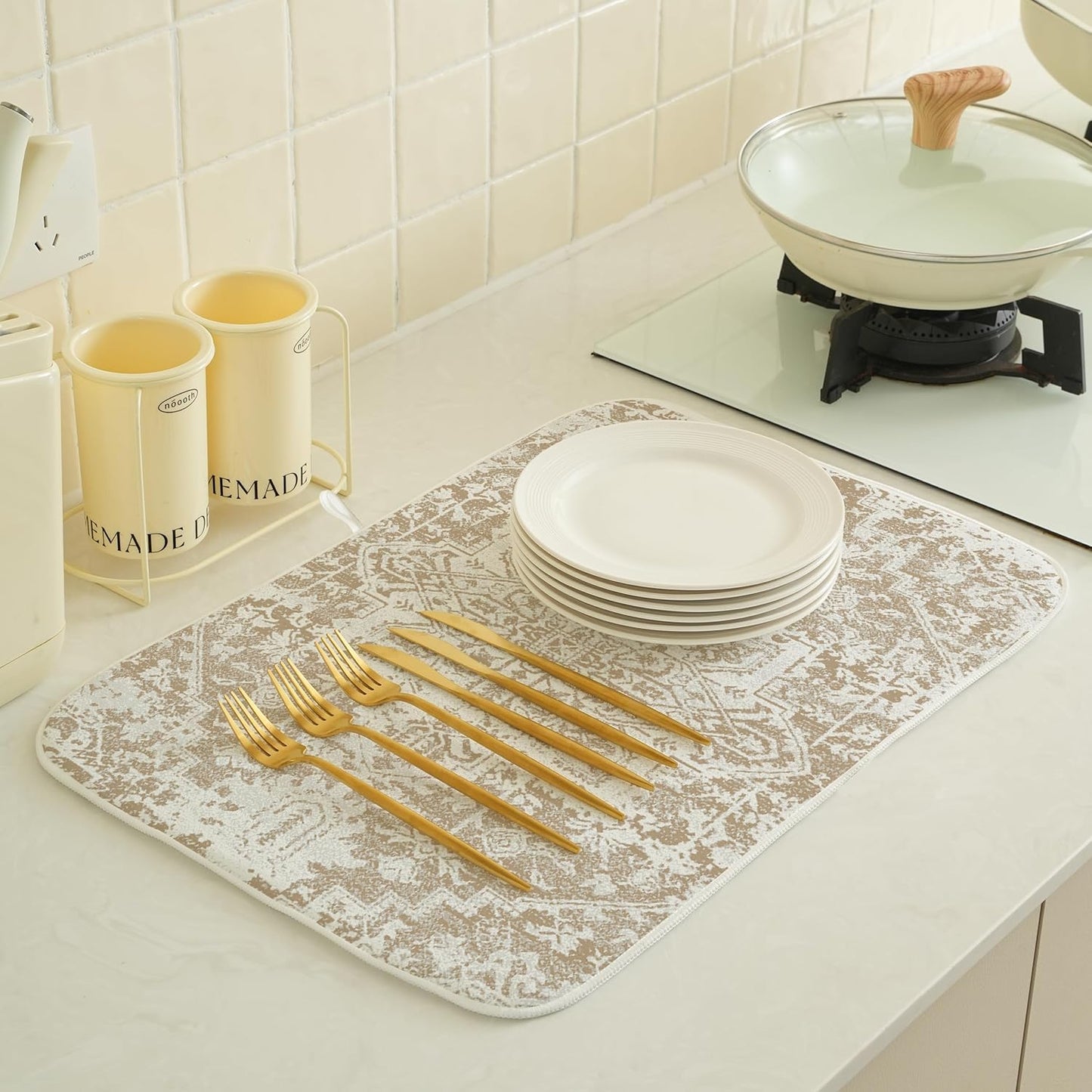 Brown Dish Drying Mat for Kitchen Counter, 18x24 Inch Coffe Boho Style Absorbent Dish Drying Pad Heat Resistant Mat Coffee Bar Mat Dish Drainer Rack Mat