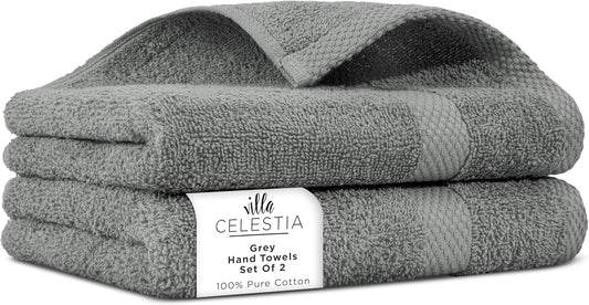 100% Cotton Hand Towel Set of 2, (16 x 28 inches) Sustainable, Soft, Highly Absorbent, Quick Drying, Combed Cotton Hand Towels Pack of 2 Ideal for Hotels, Spa, Bathroom, Dorm, Grey