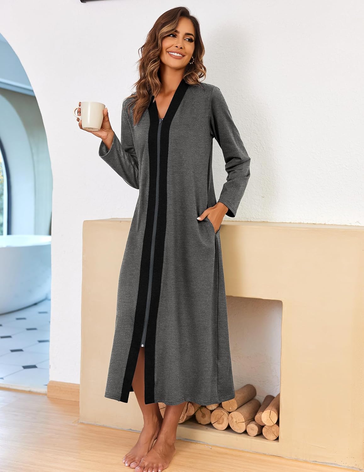 Ekouaer Women Zipper Robe Long Sleeve Loungewear Lightweight Housecoat Full Length Nightgown with Pockets