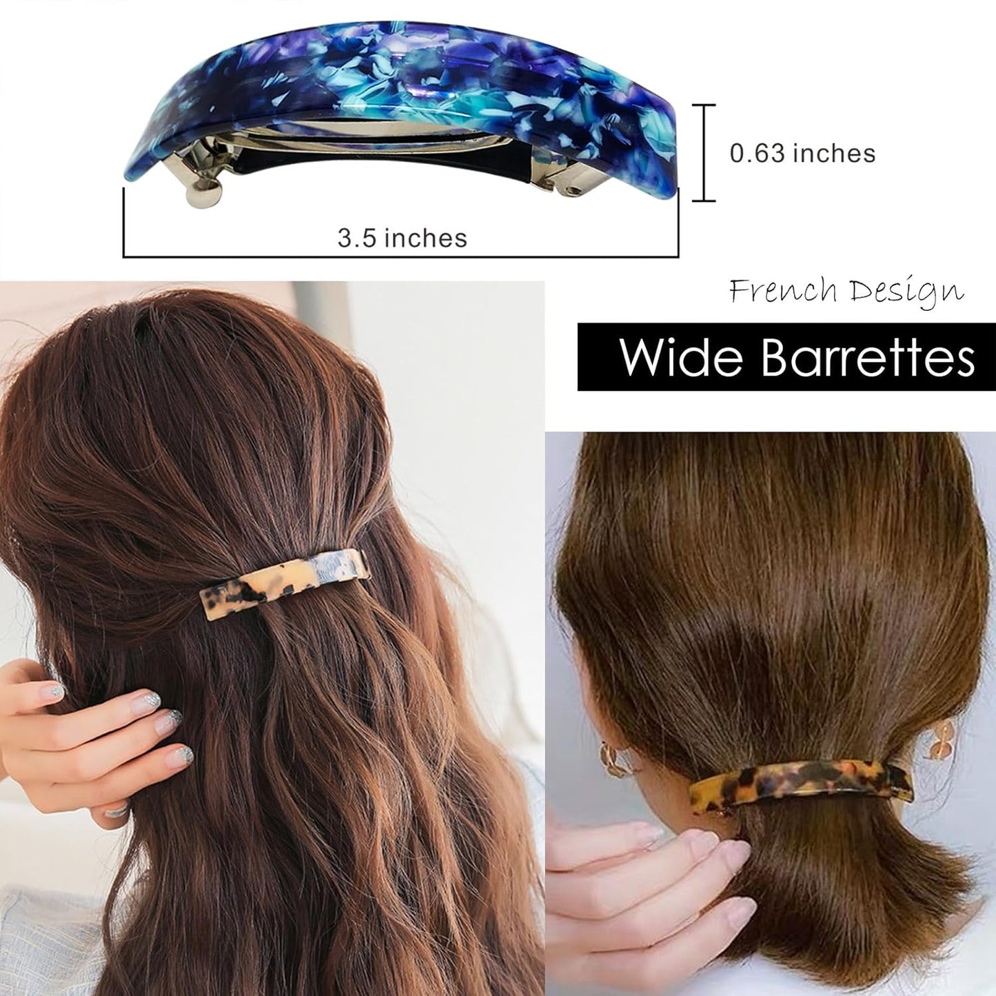 Large French Barrettes for Women Fine Thick Hair, Classic Tortoise Shell Hair Clips Wide Curved Celluloid Ponytail Holder Clamp Fashion Hair Accessories Automatic Clasp Hairgrips 3 Pack
