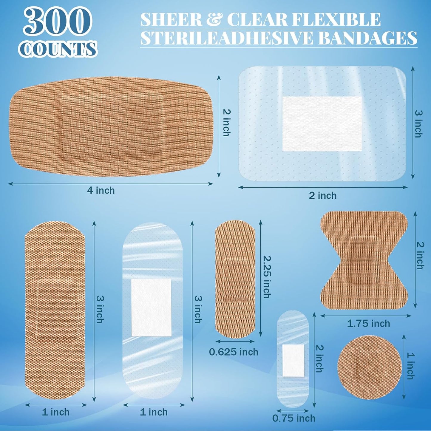 Geiserailie 300 Pcs Adhesive Bandages Family Variety Pack Fabric and Waterproof Assorted Bandages Bulk Sterile Individually Wrapped Bandages for First-Aid, Scrapes, Fingers(Clear and Fabric Bandage)