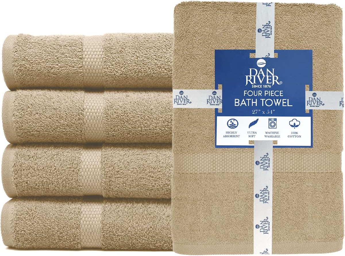 DAN RIVER Bath Towels Set of 4, 27 x 54 Inches, 100% Cotton, Larger & Lighter Weight, Quicker to Dry, Super Soft and Absorbent, Ideal Tan Bath Towels for Daily Use