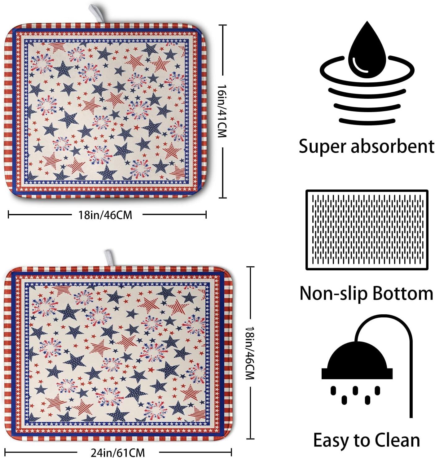 Happy 4th of July Patriotic Dish Drying Mat 18 x 24 Inch US Independence Day Vintage Star Kitchen Drying Mat Blue White Red Dish Drainer Mats Super Absorbent Dish Rack Pad for Coffee Bar Sinks