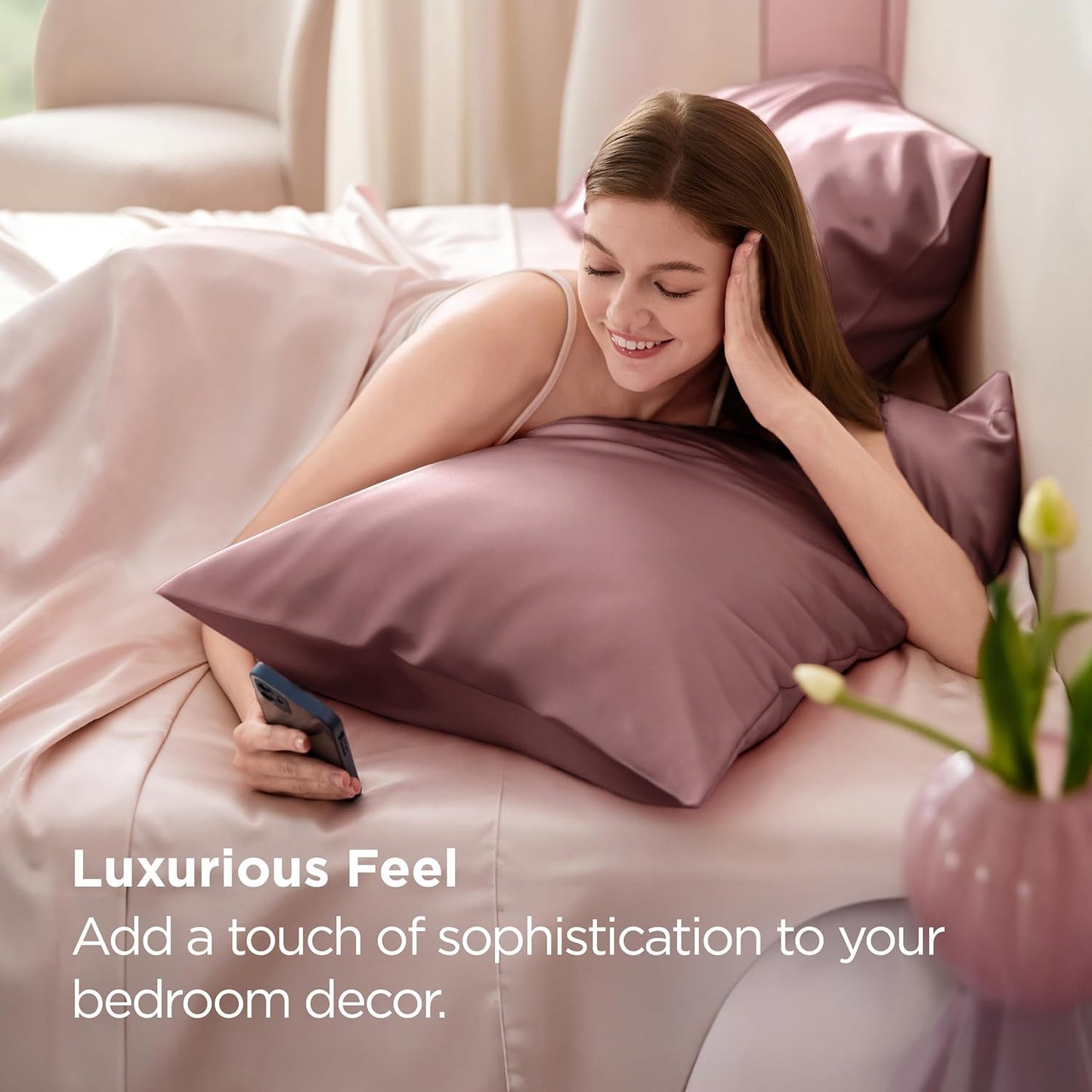 Bedsure Satin Pillowcase 2 Pack Similar to Silk Pillow Cases Standard Size, Pillow Case for Sleeping Women with Envelope Closure, Gifts for Women Men, Nostalgia Rose, 20x26 Inches, 2pcs