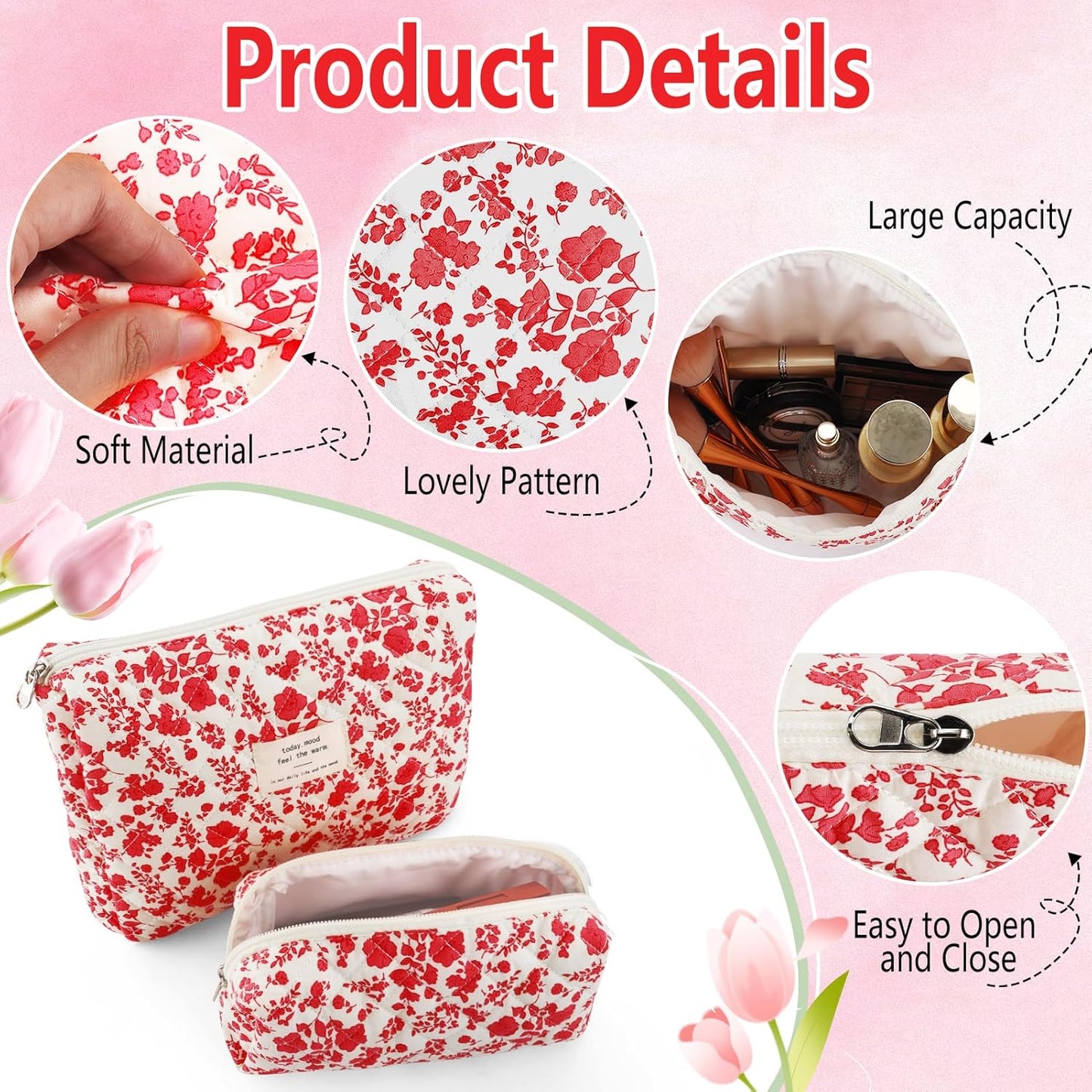 2Pcs Quilted Makeup Bag Set Flower Cute Pencil Case Large Small Travel Makeup Pouch Set for Women Coquette Makeup Bag Aesthetic Cotton Cosmetic Bag Hot Pink Toiletry Organizer Storage Bag Zipper Pouch