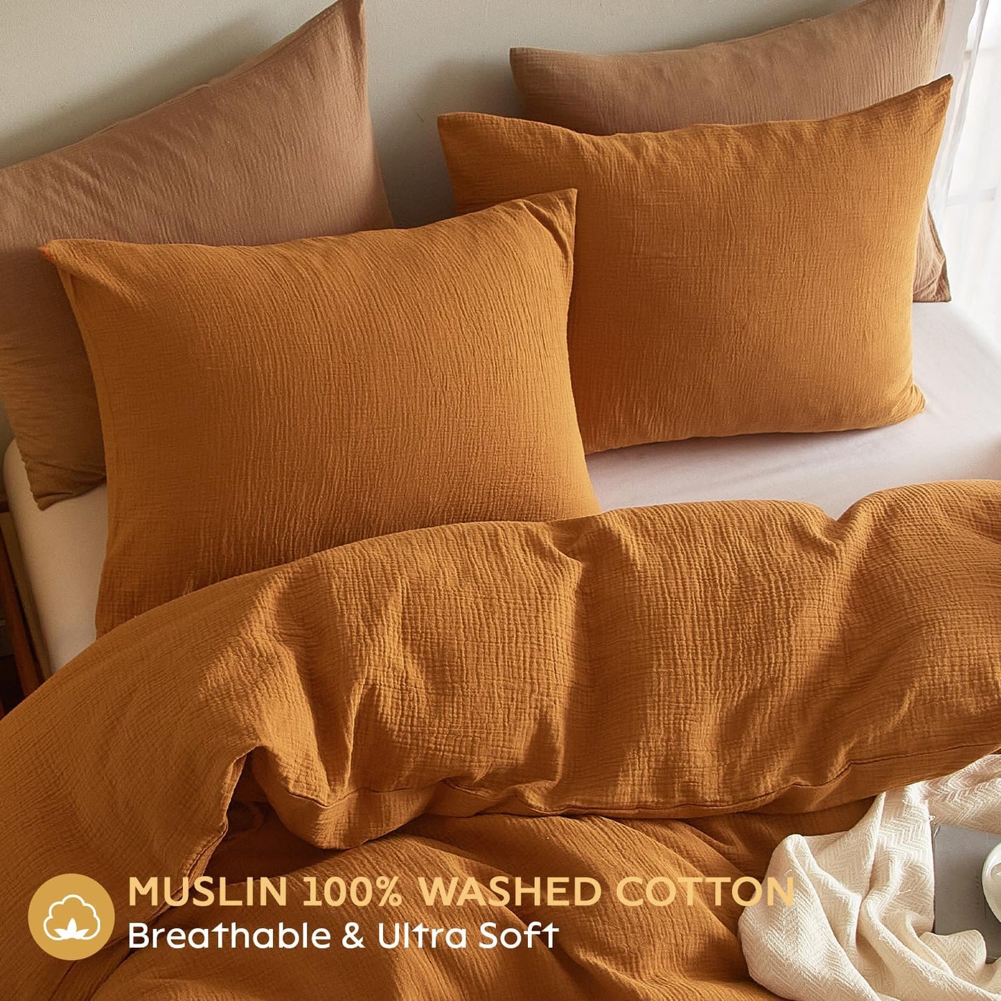 SE SOFTEXLY Muslin Pillowcases Standard Size 100% Cotton, 2 Pack Linen Like Pillow Shams with Envelope Closure, Ultral Soft and Breathable Pillow Case Covers, Pumpkin, 20" X 26", No Filling