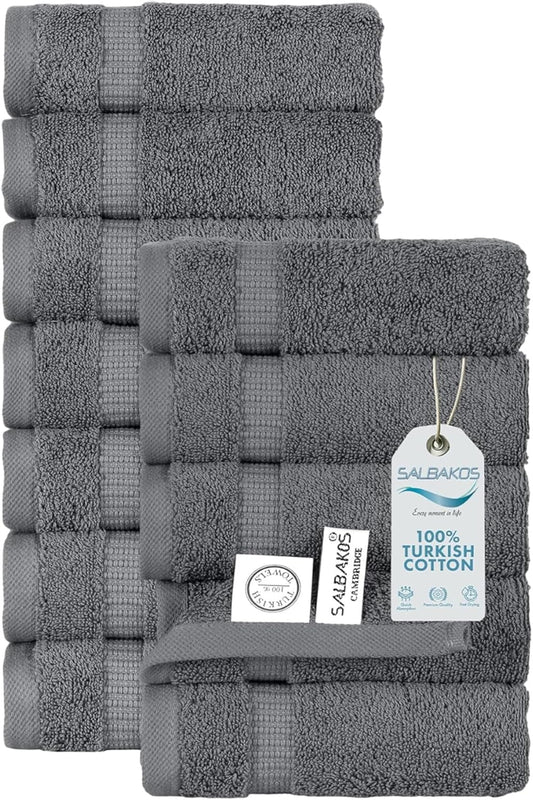 SALBAKOS 100% Turkish Cotton Washcloth Set of 12 13x13 inch | Heirloom Quality | Hotel & Spa Collection | Ultra Soft, Super Absorbent, Washcloth Towels | Made in Turkey (Gray, 12 Washcloths)