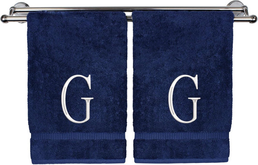 Monogrammed Hand Towel, Personalized Initial Gift, Extra Absorbent 100% Turkish Cotton - Soft Terry Finish - Set of 2 - White Block Initial G - Embroidered on Navy Blue Towels