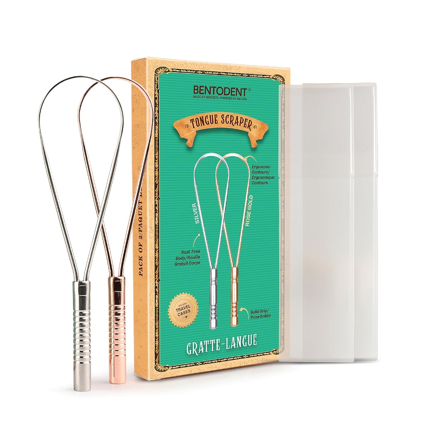 BENTODENT Tongue Scraper for Adults & Kids, Silver & Rose Gold, 100% Stainless Steel tongue scraper, Rust-Free metal, 2-Pack with Travel Case, Reduce Bad Breath, Tongue Scrubber, Tongue Cleaner