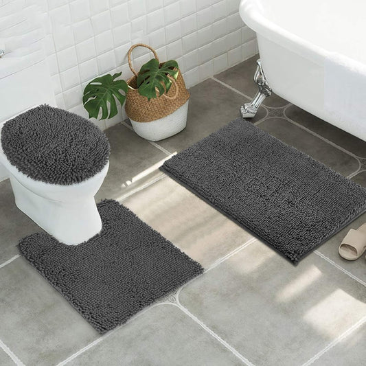 ITSOFT 3pc Non-Slip Shaggy Chenille Bathroom Mat Set, Includes 24 x 21 Inches U-Shaped Contour Toilet Rug, 34 x 21 Inches Bathmat and 1 Toilet Lid Cover, Charcoal Gray