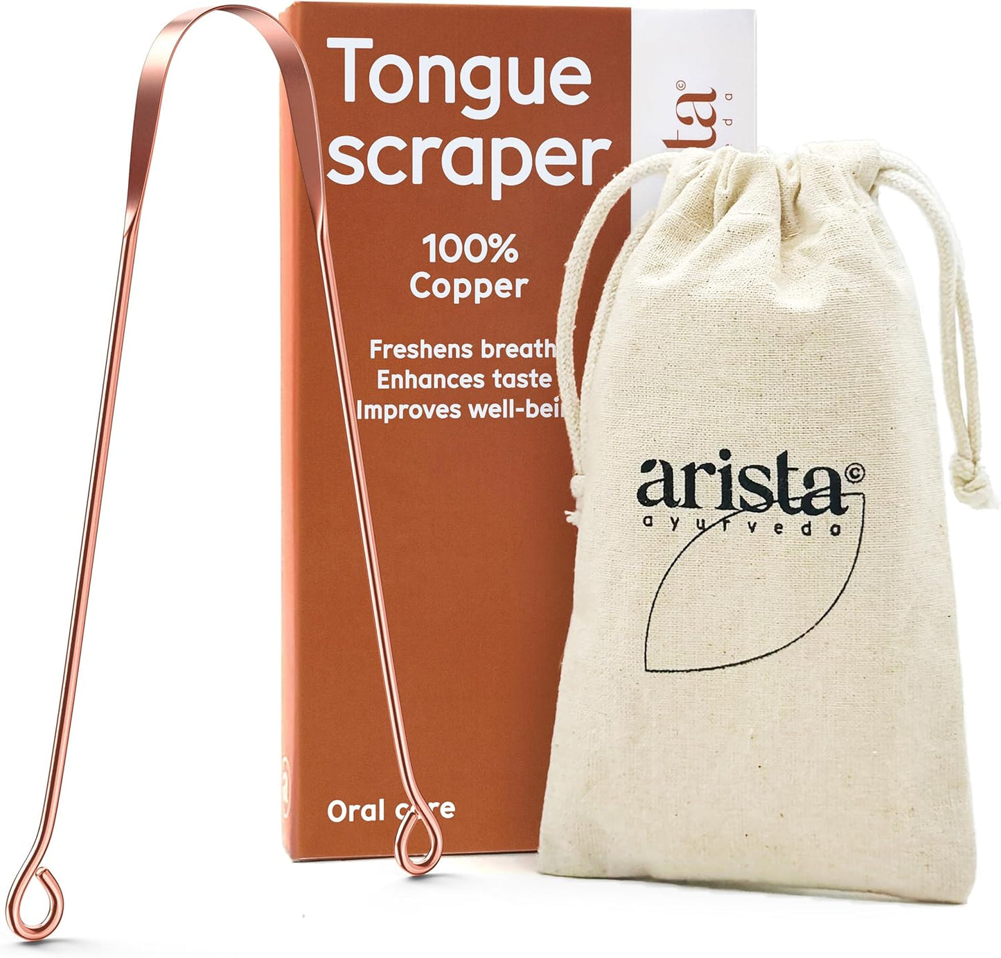 Arista Copper Tongue Scraper for Adults & Kids – 100% Pure Copper Tongue Cleaner – Extreme Bad Breath Treatment for Adults, Oral Detox & Hygiene – 1 Pack with Travel Pouch