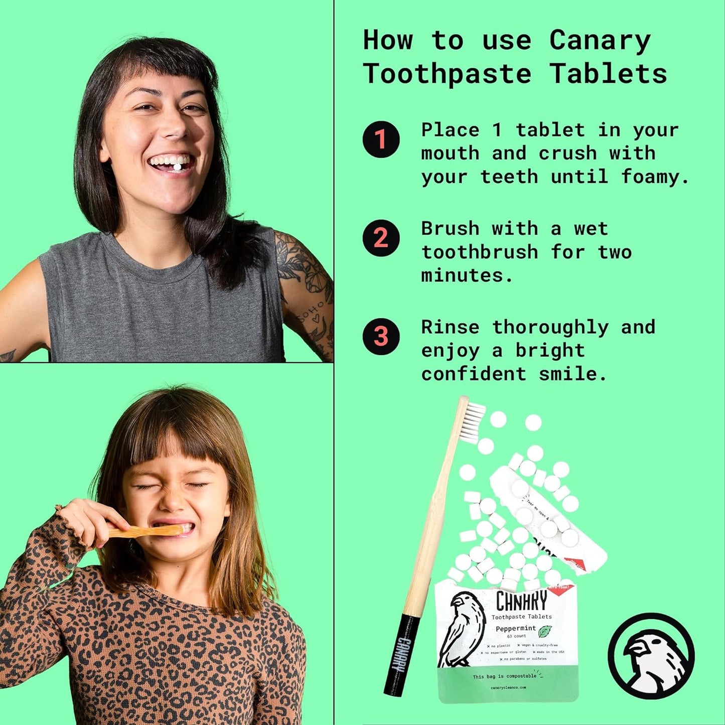 Canary Nano Hydroxyapatite Toothpaste Tablets Strawberry Kiwi - Remineralizing, Fluoride Free, All Natural Tabs with Xylitol - Great for Kids, Plastic Free - 126 Count