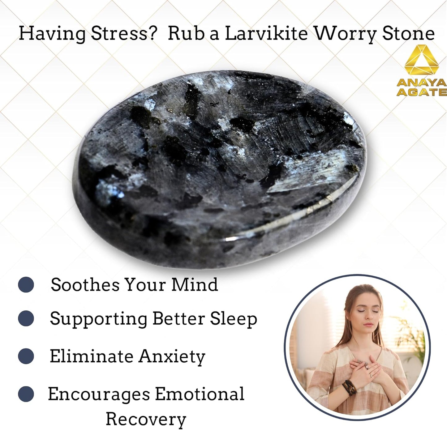 Larvikite Worry Stones – Crystal Thumb Worry Stone for Anguish, Stress – Relaxing & Soothing Balance Stones for Meditation, Relief – Healing Stones & Crystals for Men, Women