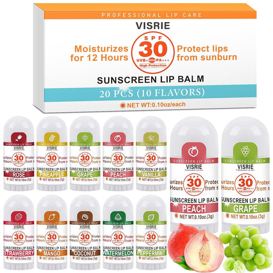 SPF 30 Sunscreen Lip Balm, SPF Lip Balm Bulk 20 Count, Broad Spectrum UVA/UVB Lip Sunscreen with Vitamin E and Coconut Oil- 10 Flavors