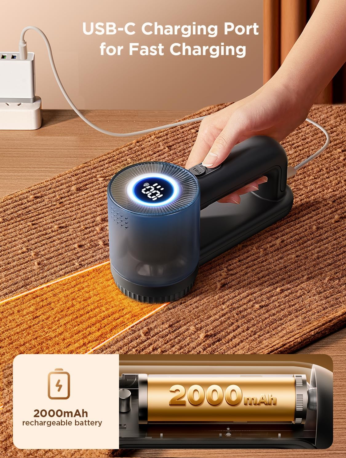 Rechargeable Fabric Shaver, Lint Remover for Clothes, Lint Shaver 6-Leaf Blades, 3-Speeds Lint Shaver with LED Display for Effortless Fuzz & Pill Removal for Clothes, Sweaters, Furniture, Black