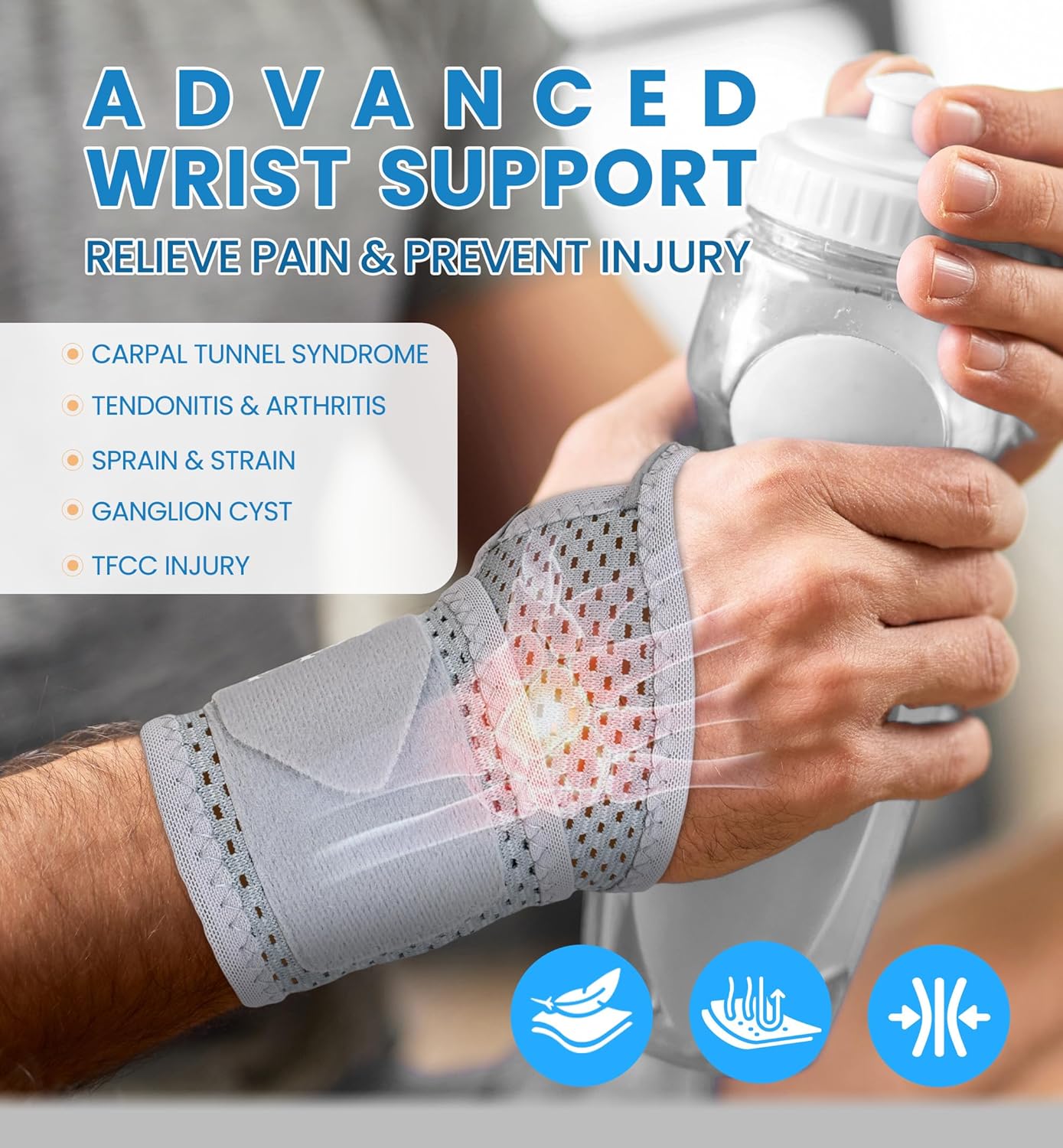 2-Pack Ultra-Thin Wrist Braces, Breathable Comfort Mesh Fabric Support for Pain Relief - Ideal for Carpal Tunnel, Tendonitis, Sports, Fitness and Daily Use - Adjustable Wrist Support (Gray)
