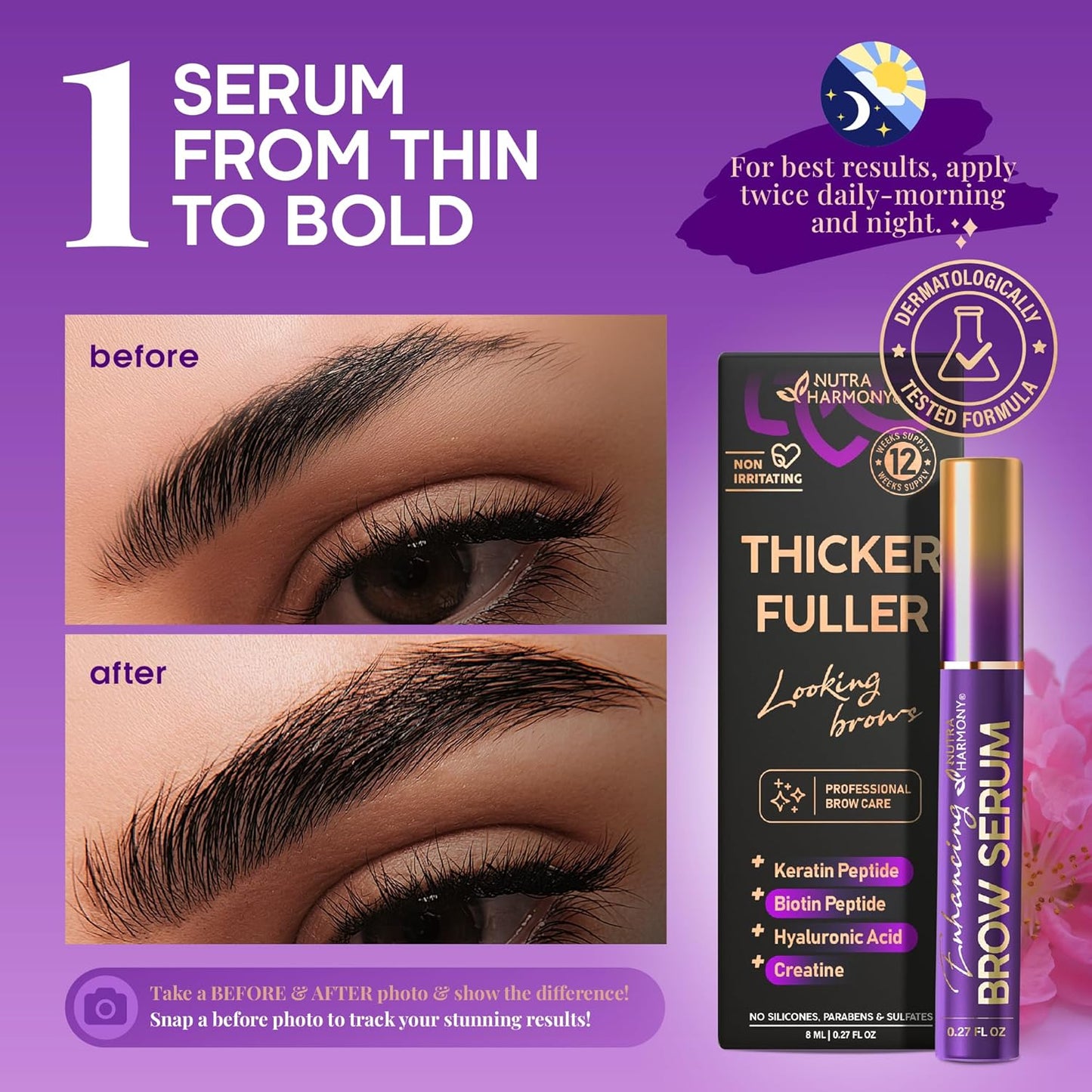 Brow Serum for Eyebrow Growth – Pro Growth Treatment with Keratin & Biotin Peptides – Hyaluronic Acid, Creatine & Castor Oil – No Prostaglandins, Vegan & Non‑Irritating for Fuller, Thicker Brows, 8ml