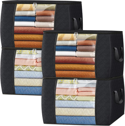 Fab totes 24 Gallons Clothes Storage, Foldable Thick Fabric Blanket Storage Bags, Containers for Organizing Bedroom, Closet, Clothing, Comforter, Organization with Handle (4 Pack,Black)