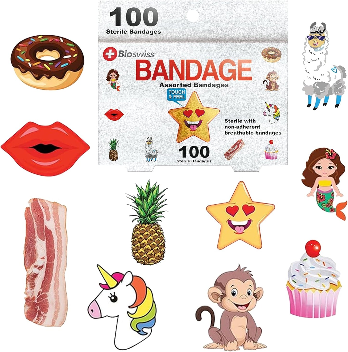 BioSwiss Kids Bandages, Assorted Animal, Fun, and Food Shaped Self Adhesive Bandage Set, Latex Free, Sterile Wound Care, 100 Count
