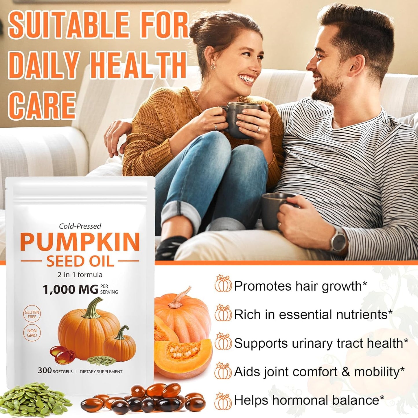 Pumpkin Seed Oil Capsules 300 Count, 2 in 1Pumpkin Seed Extract, Cold Pressed, Non-GMO, Essential Fatty Acids & Phytosterols for Hair Growth, Urinary, Bladder & Prostate Health