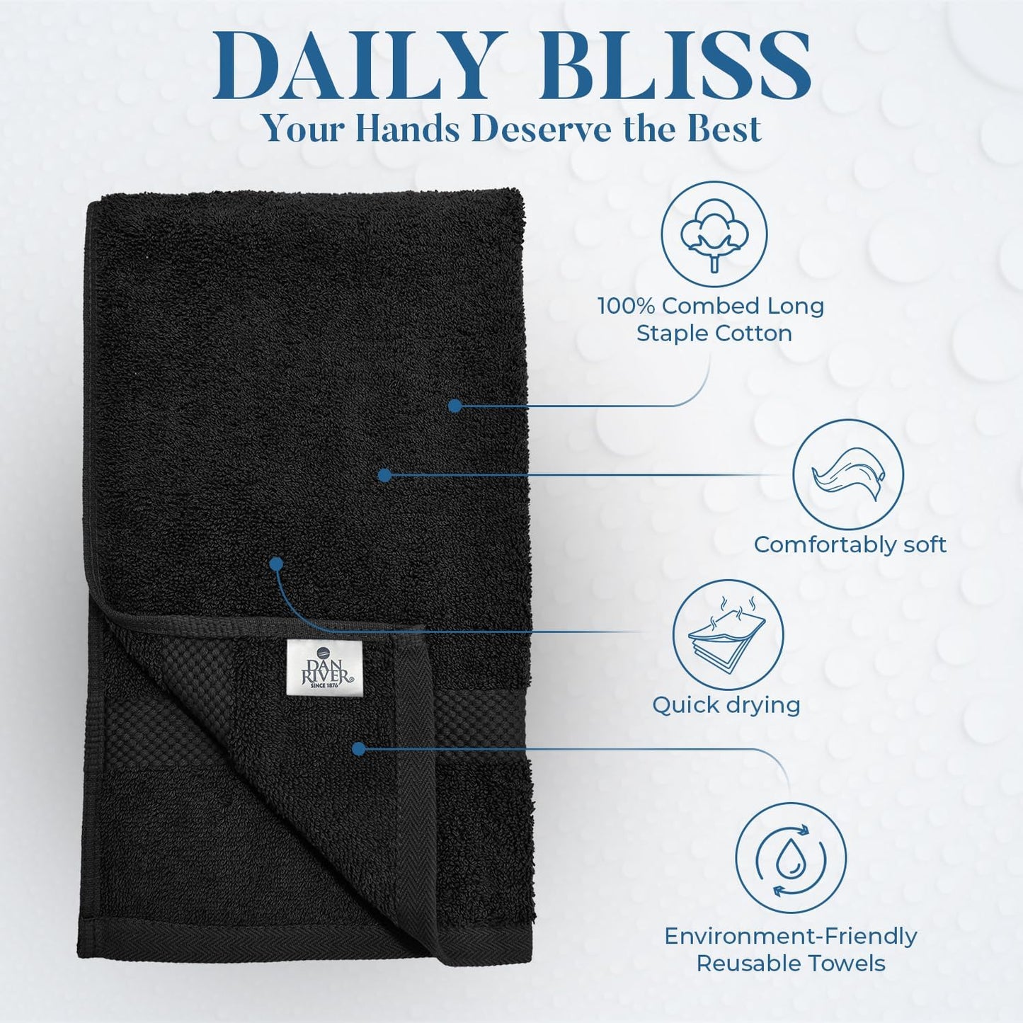 DAN RIVER 6-Pack Premium Hand Towels (16x28 Inches) - 100% Cotton, Ultra Soft, Lightweight, Highly Absorbent Towels for Bathroom, Spa, Gym, Salon, Hotel, and Travel - 550 GSM – Black