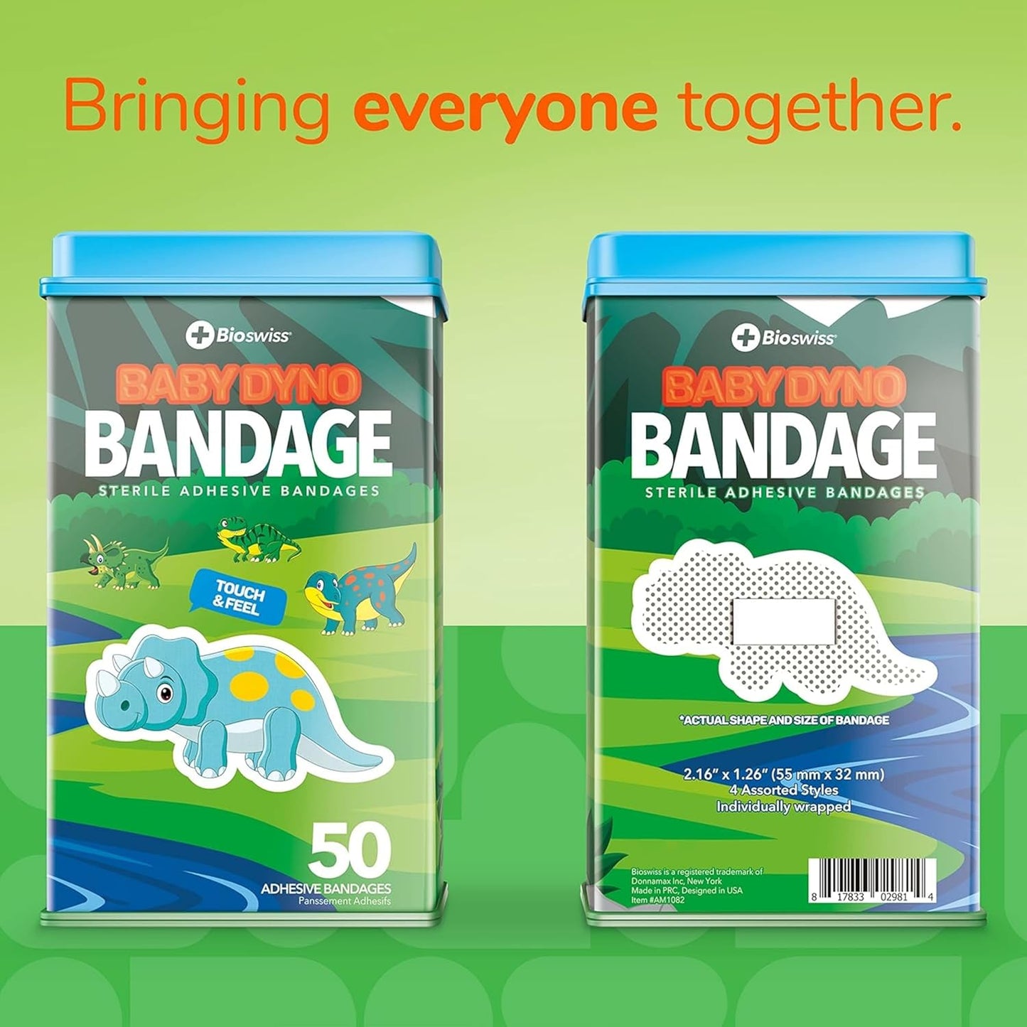 BioSwiss Kids Bandages, Baby Dino Shaped Self Adhesive Bandage Set, Latex Free, Sterile Wound Care, 50 Count