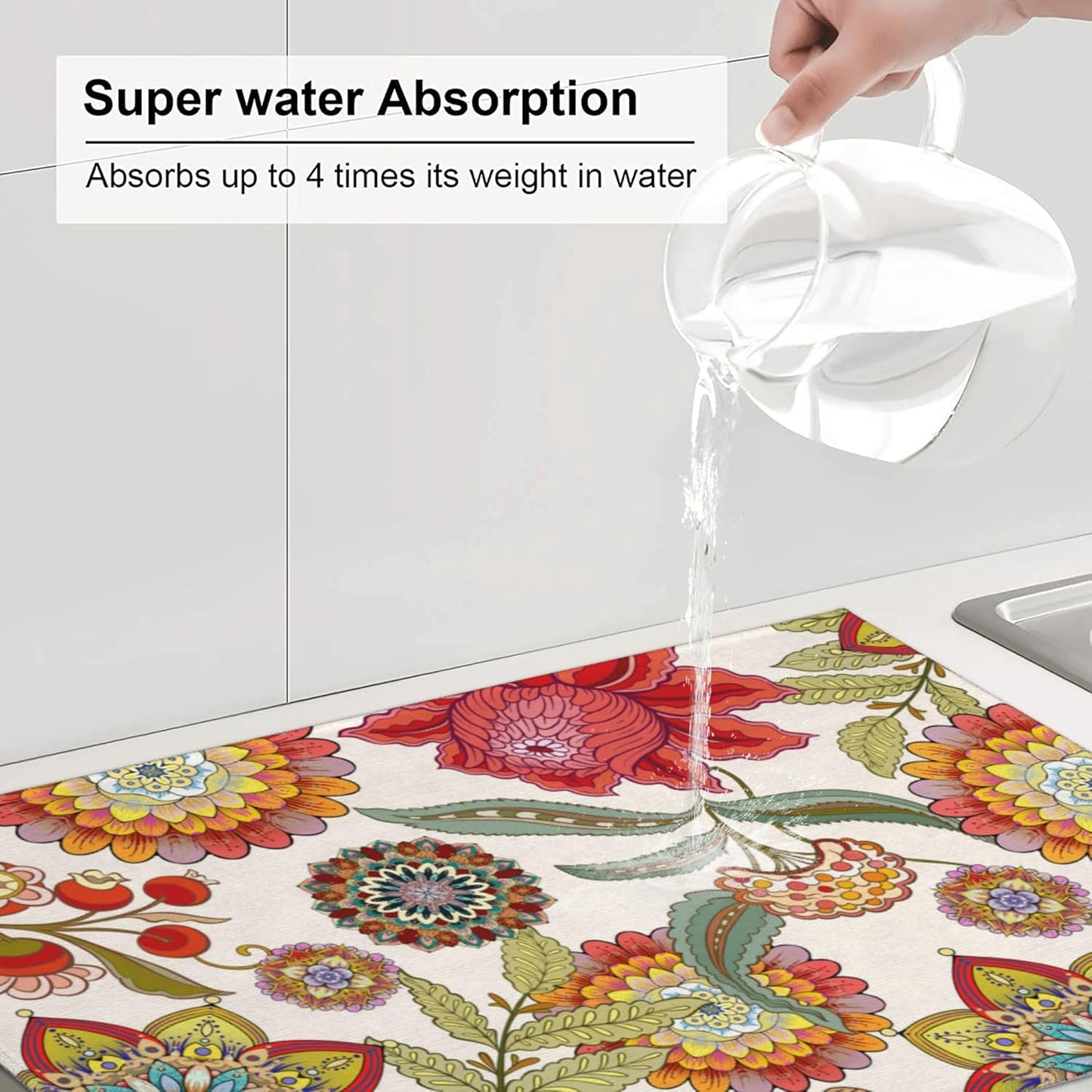 Boho Floral Dish Drying Mat for Kitchen Counter 18"x24" Colorful Decorative Dishes Pad Dish Drainer Rack Mats Microfiber Washable Absorbent Kitchen Decor, Flower