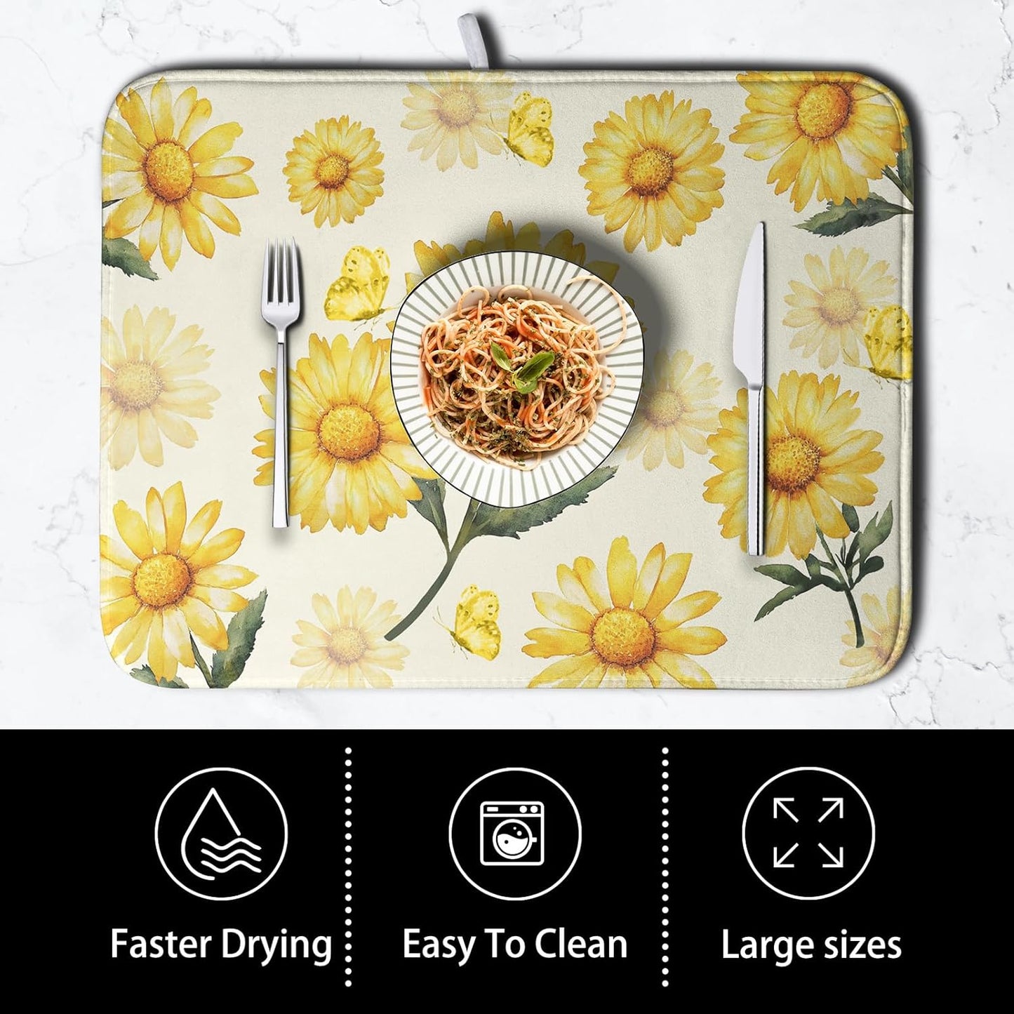 Yellow Sunflower Dish Drying Mat for Kitchen Counter Summer Daisy Floral Dishes Pad Farmhouse Flower Dish Draining Microfiber Absorbent Dish Drainer Rack Mat Large 16x18 Inch