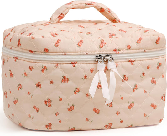 Prite Large Makeup Bag for Women Quilted Floral Cotton Cosmetic Bag Cute Coquette Aesthetic Floral Travel Toiletry Bag (Pink Flower)