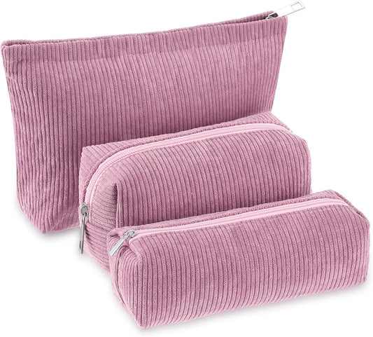 3 Pcs Makeup Bag Set for Women Corduroy Cosmetic Pouch Aesthetic Smile Travel Toiletry Bag Cute Purse Pouch Pencil Case Makeup Brushes Storage Organizer for Christmas(Rose Pink,Solid Style)