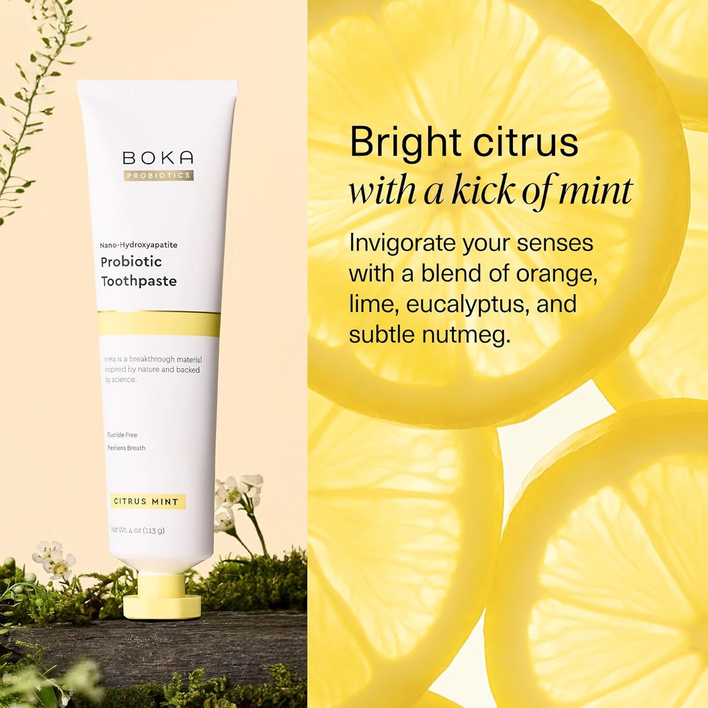 Boka Fluoride Free Toothpaste, Nano Hydroxyapatite Toothpaste, Appropriate for Sensitive Teeth - for Adult, Kids Oral Care - Probiotics - Citrus Mint, 4 Fl Oz 1Pk US Manufactured