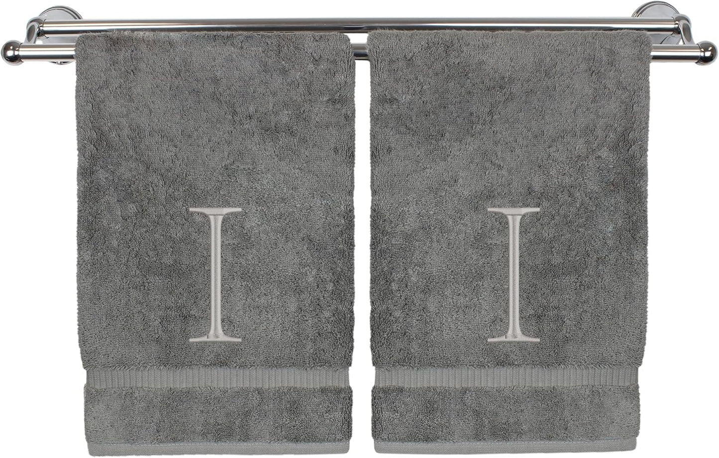 Monogrammed Hand Towel, Personalized Initial Gift, Extra Absorbent 100% Turkish Cotton - Soft Terry Finish - Set of 2 - Silver Block Initial I - Embroidered on Grey Towels
