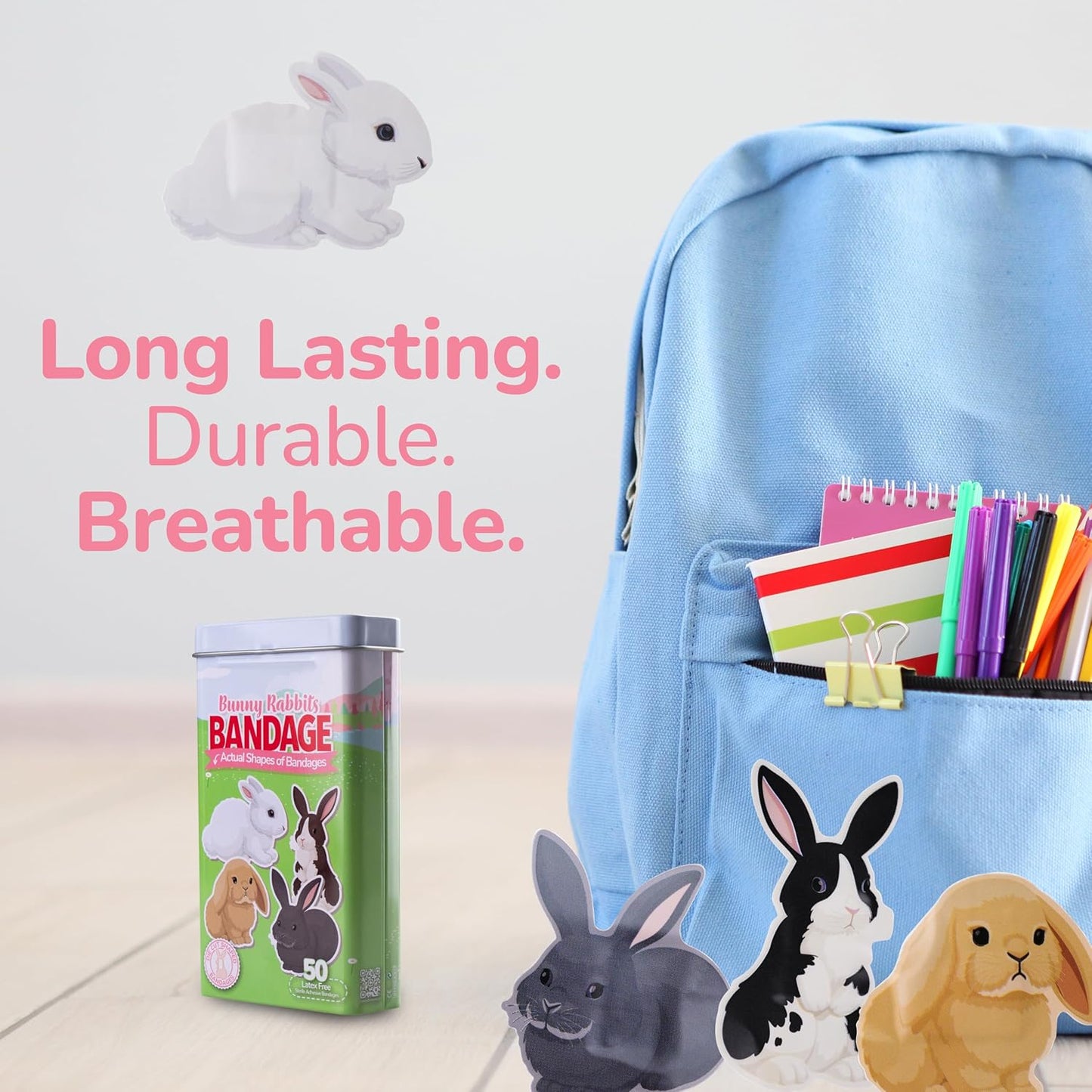 BioSwiss Kids Bandages, Bunny Rabbits Shaped Self Adhesive Bandage Set, Latex Free, Sterile Wound Care, 50 Count