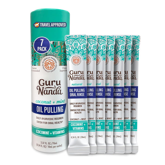 GuruNanda Travel Sachets Coconut Oil Pulling, Fresh Breath Mouthwash, 7 Essential Oils & Vitamins for Happy Teeth & Gums, 7 Sachets