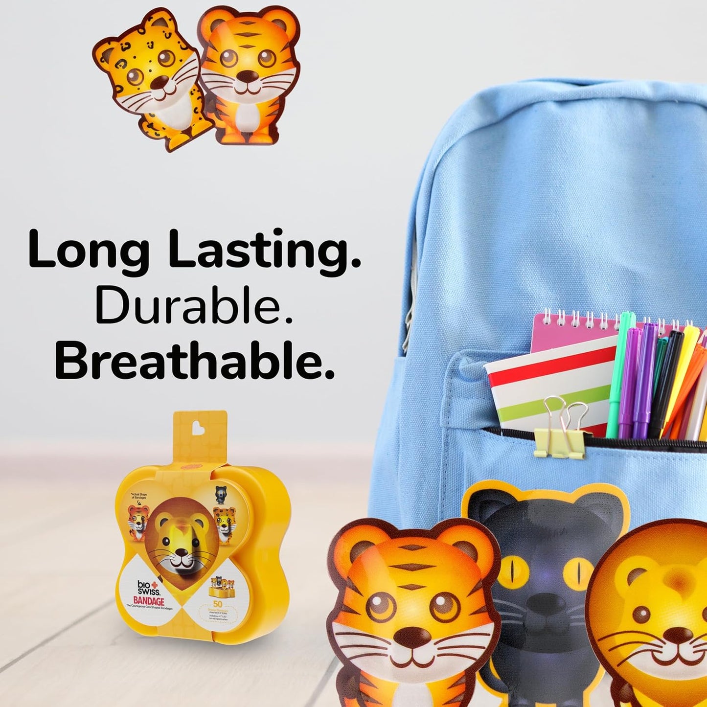 BioSwiss Kids Bandages, Courageous Cats Shaped Self Adhesive Bandage Set, Latex Free, Sterile Wound Care, 50 Count