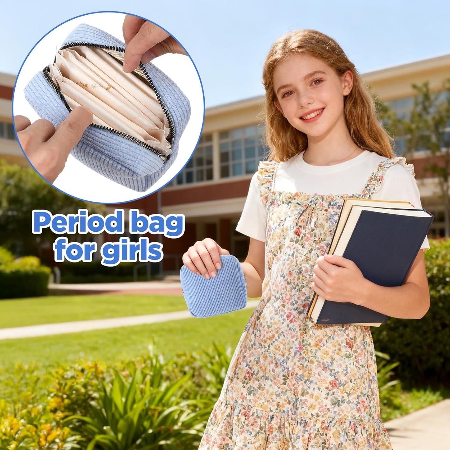 Sanitary Pouch Corduroy Period Pouches for Teen Girls Zipper Portable Period Bag for Teen Girls Cosmetic Bag for Women(Blue)
